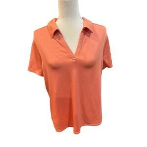 Ribbed Knit Top Short Sleeve V Neck Collared T Shirt Casual Everyday